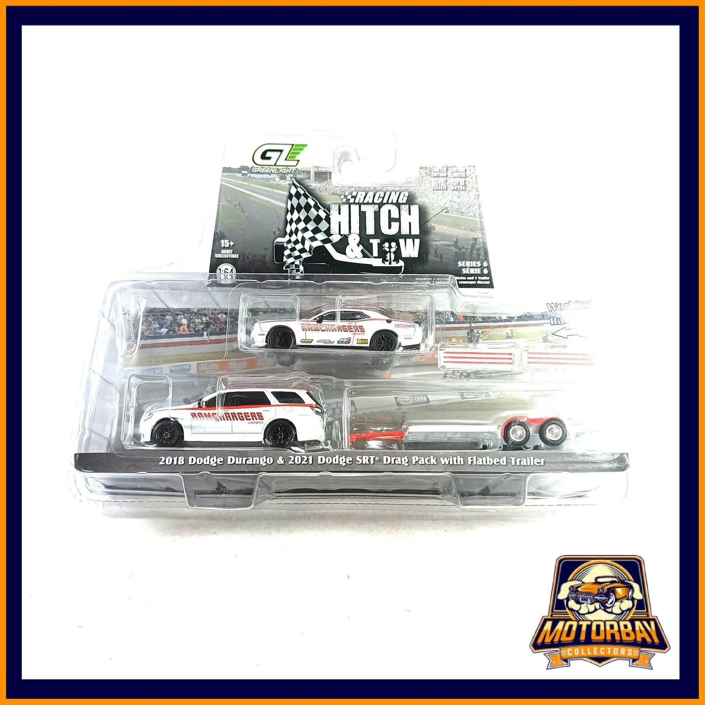 Greenlight 1/64 2018 Dodge Durango & 2021 Dodge SRT Drag Pack With Flatbed Trailer