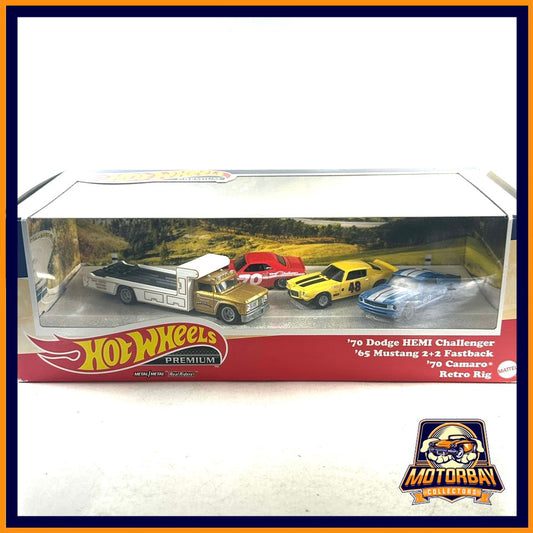 Hot Wheels 1/64 Diorama 70 Dodge Challenger & 65 Mustang & 70 Camaro & Retro Rig