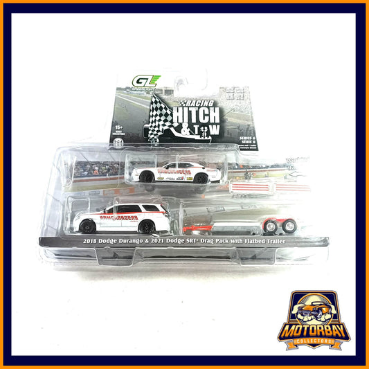 Greenlight 1/64 2018 Dodge Durango & 2021 Dodge SRT Drag Pack With Flatbed Trailer
