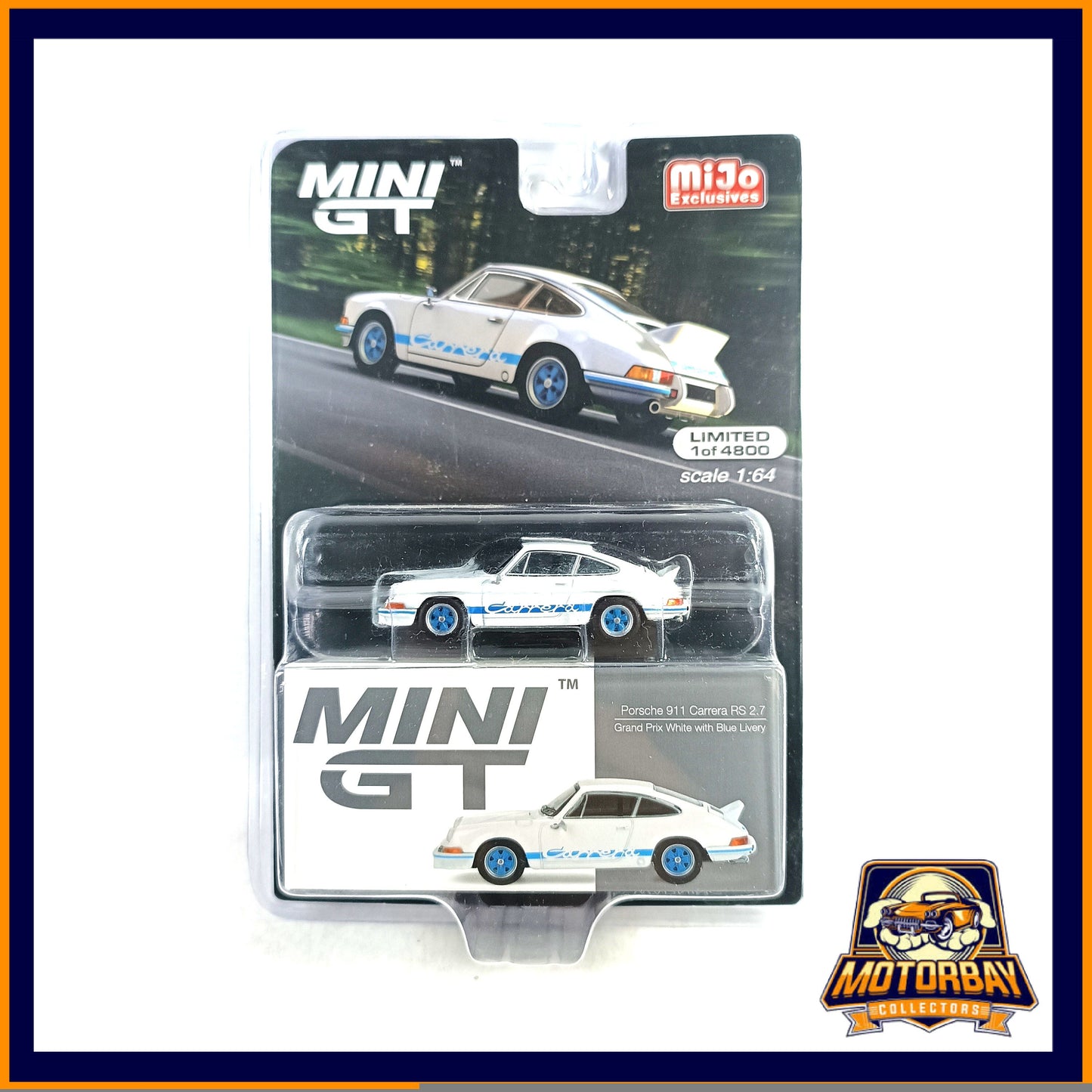 Mini GT 1/64 Porsche 911 Carrera RS 2.7 Grand Prix White With Blue Livery