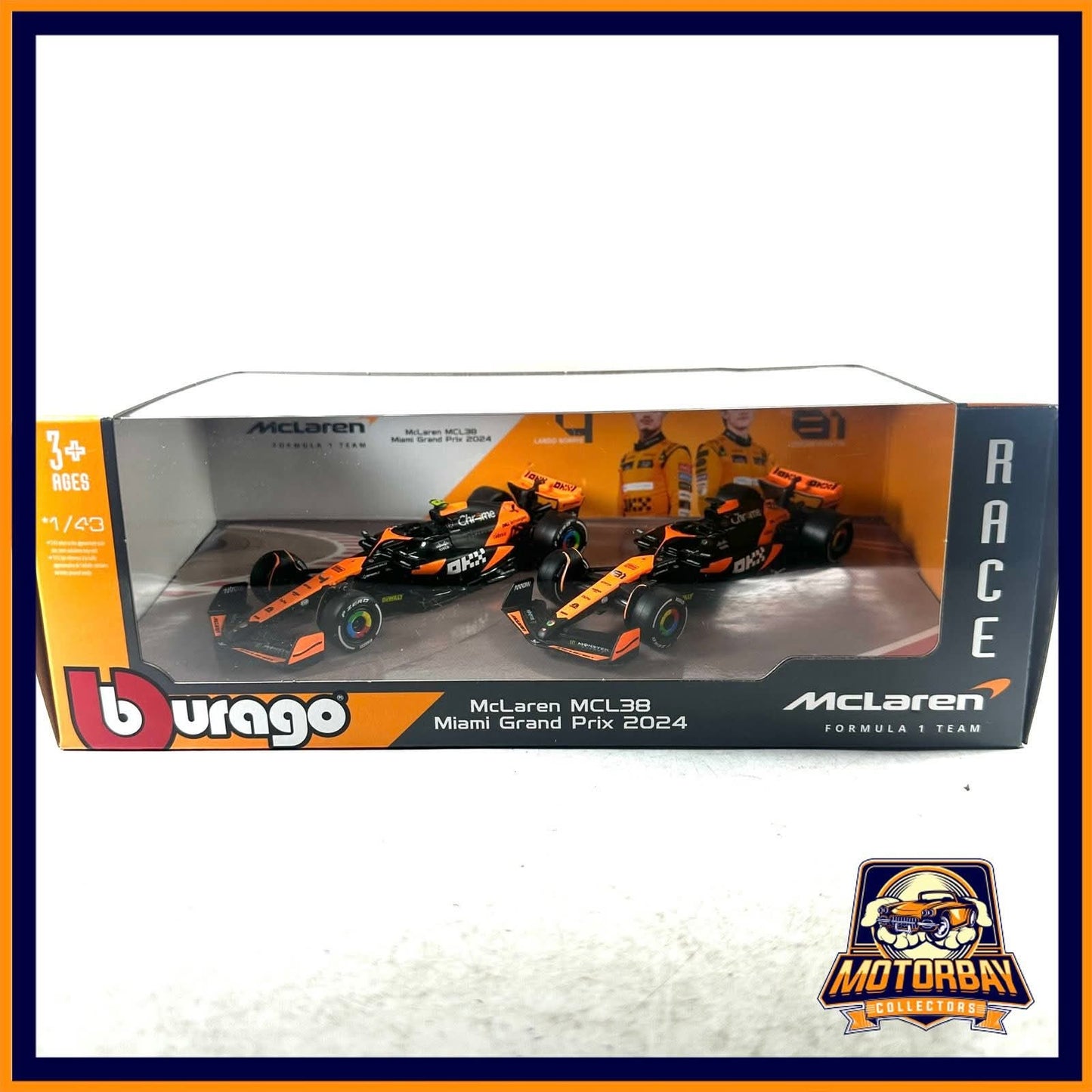 Burago 1/43 Duo Pack Mclaren MCL38 & Miami Grand Prix 2024